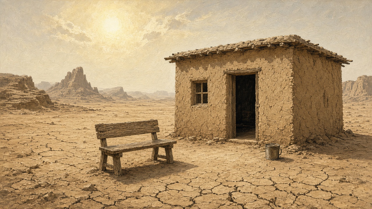 A small schoolhouse and wooden bench on dry earth