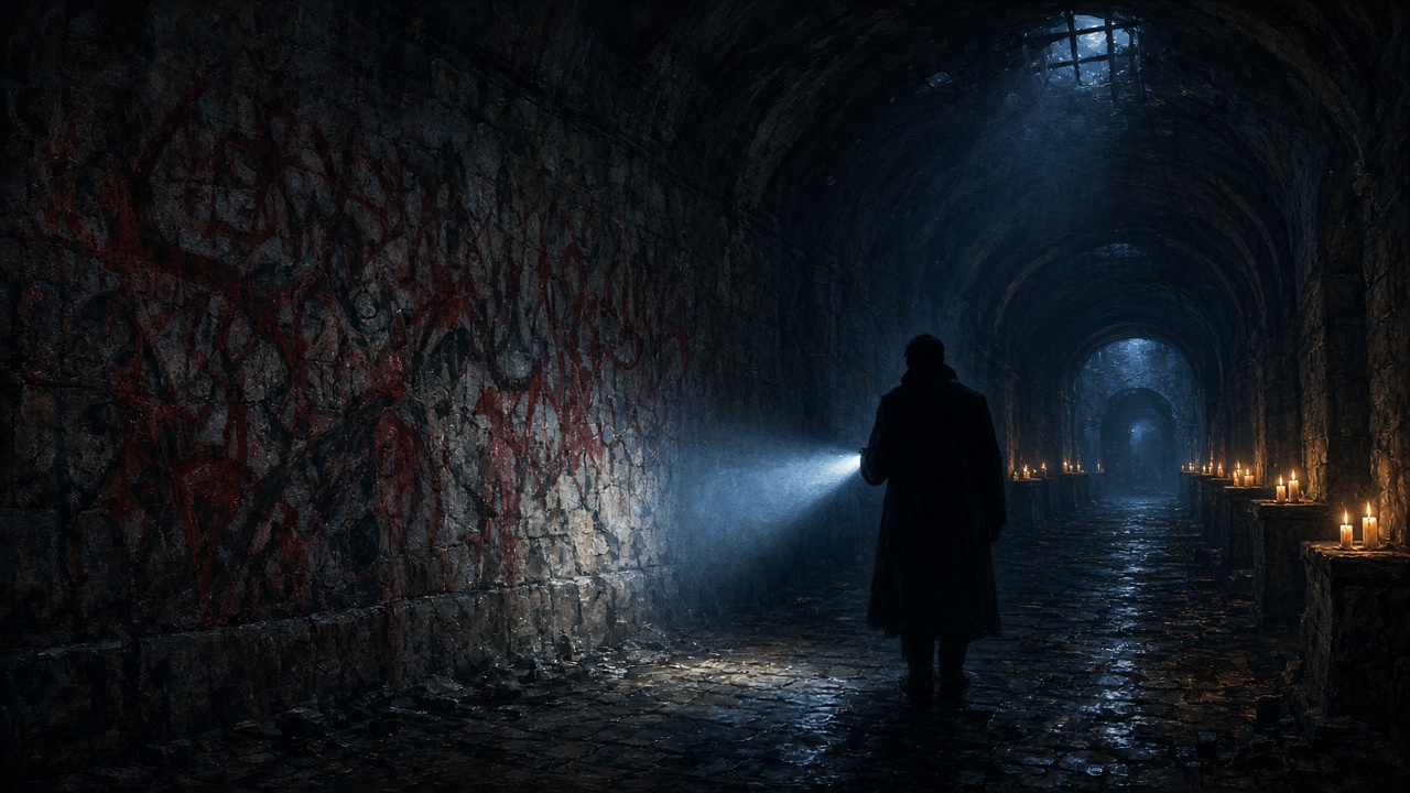 Conceptual detective with a torch in a candlelit underground church corridor