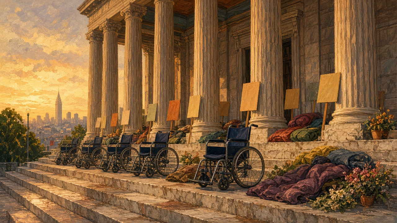 Conceptual painted scene of wheelchairs and protest placards outside a civic building