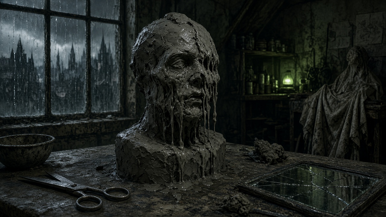 A melting clay head rests on a sculptor’s table in a gloomy workshop