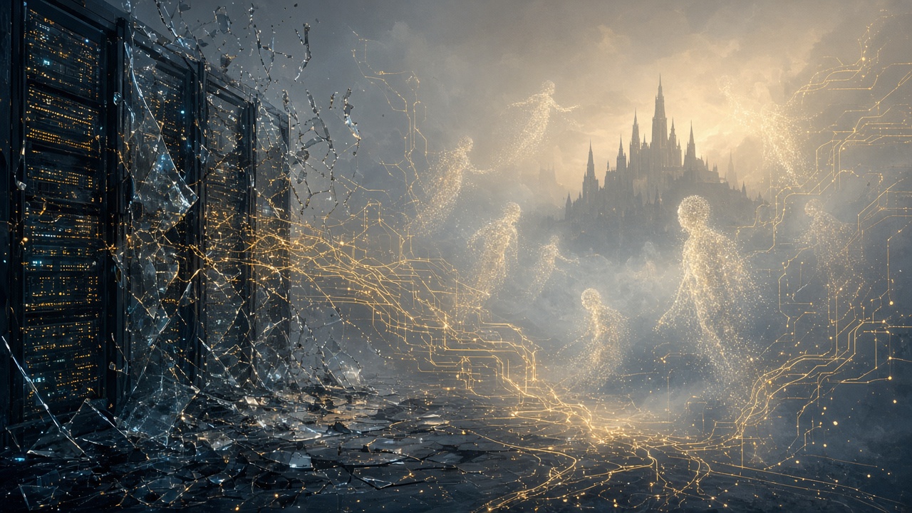 A conceptual digital city dissolving into fragments beneath a distant illuminated castle