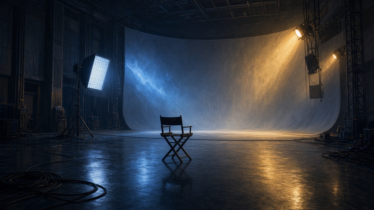 AI artwork of an empty television studio with a director’s chair and lights