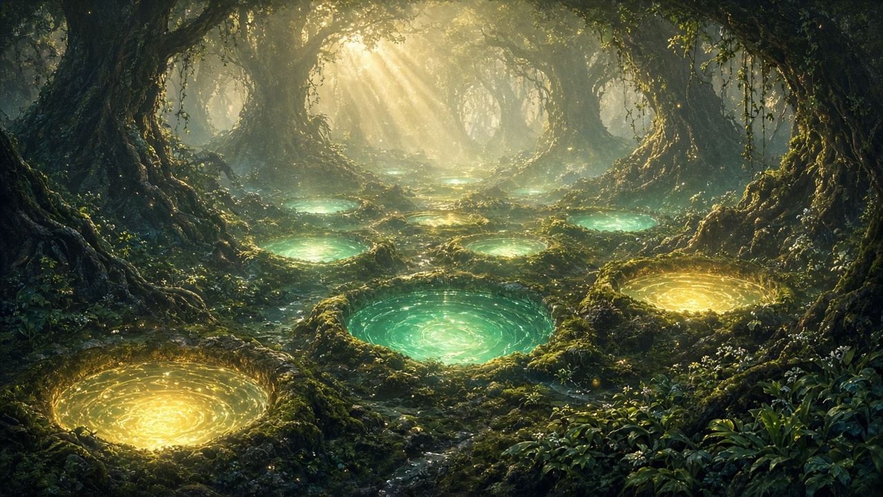 Glowing pools beneath the roots of an imagined enchanted forest