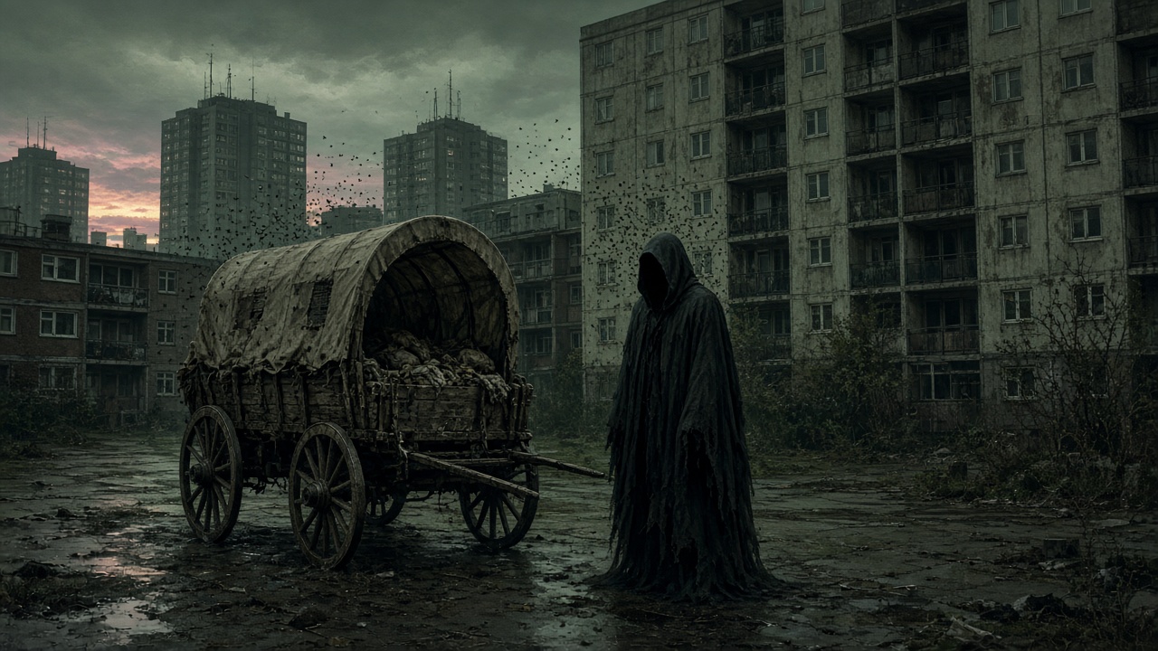 AI artwork of a cloaked figure and old wooden cart in a deserted housing estate
