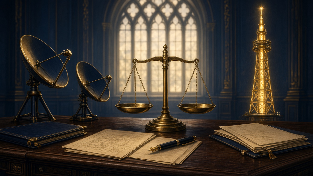 Scales of justice beside books with satellite dishes and a broadcast tower behind