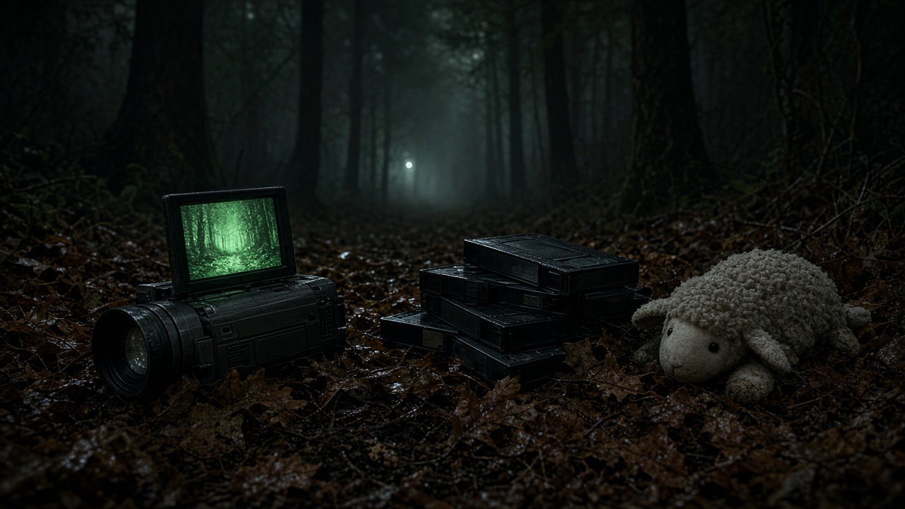 Conceptual video camera, tapes and a soft toy on a dark forest floor