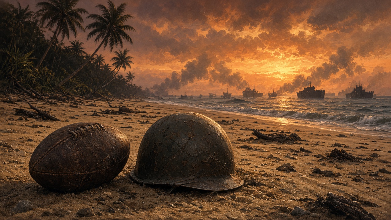 Conceptual wartime helmet and football on a beach with ships offshore