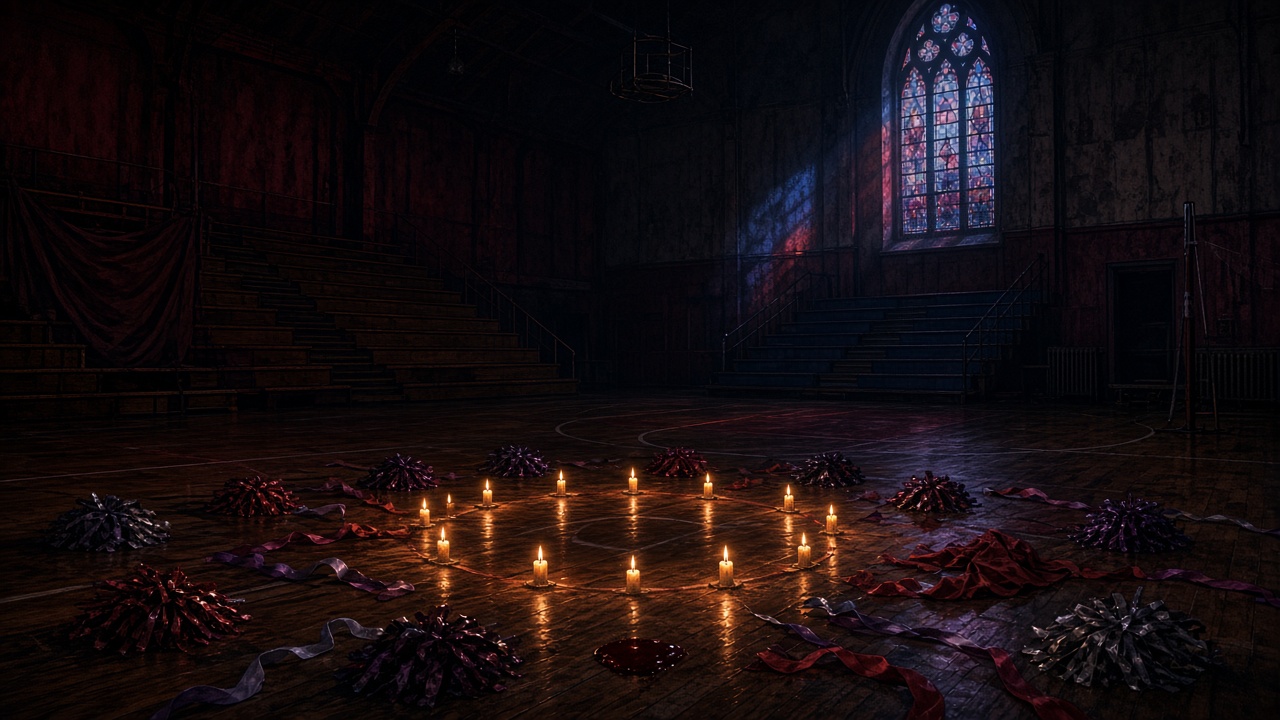 Candles form a circle among dance-team pom-poms in a dark school hall