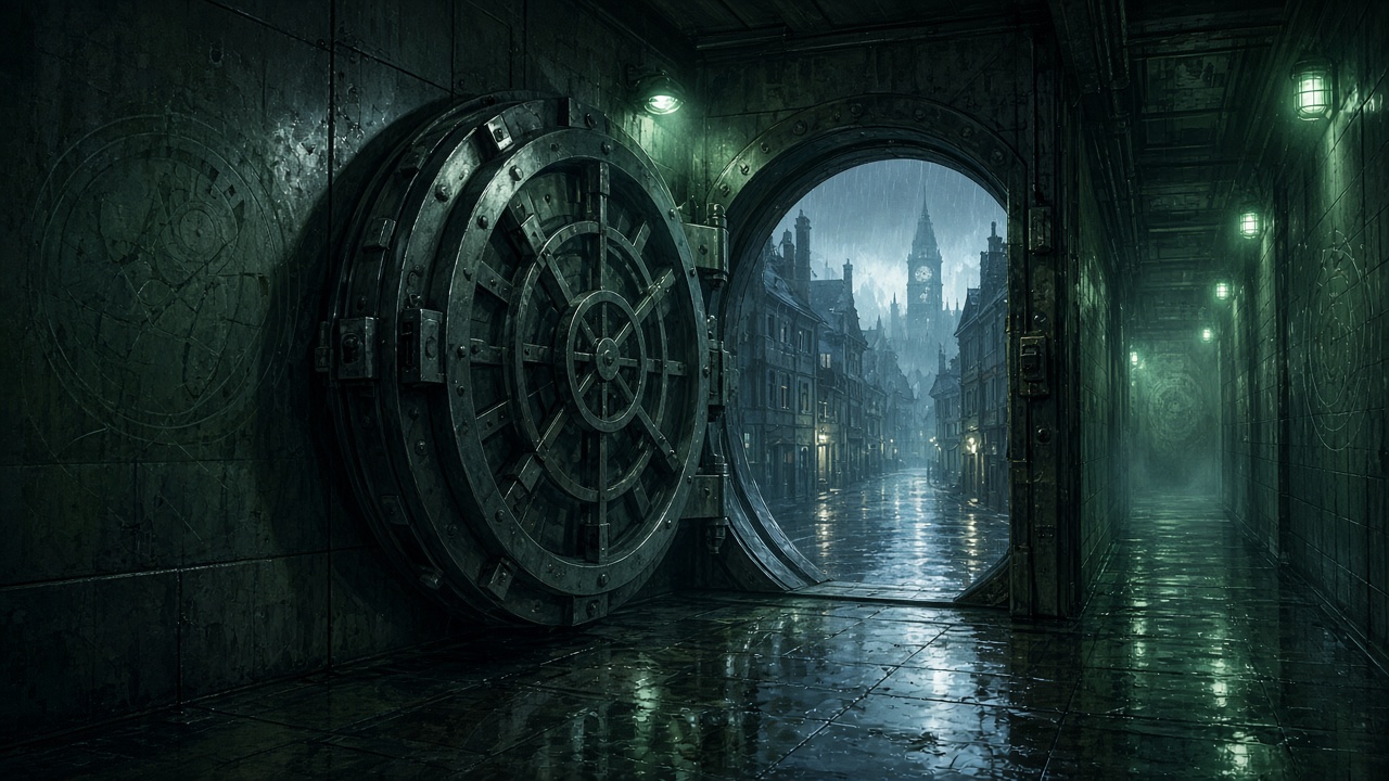 An open bank vault overlooking a rain-soaked European city in a green-toned illustration