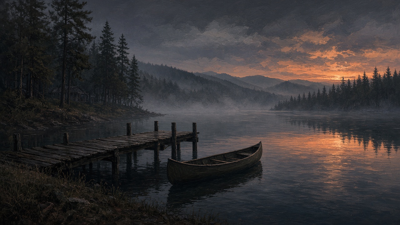 AI artwork of an empty canoe and wooden jetty beside a lake at dusk