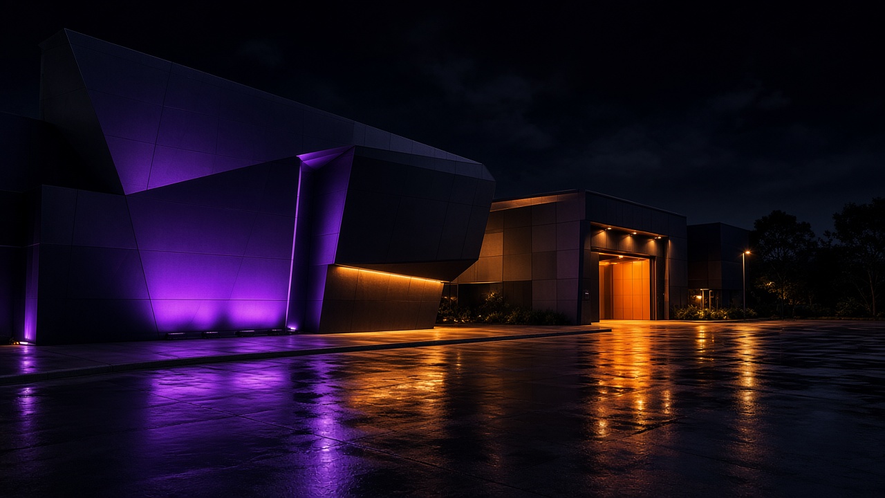A modern studio building illuminated in purple at night