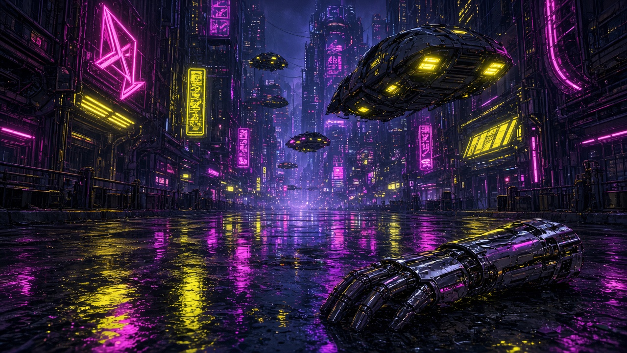 AI artwork of a rain-soaked neon city with hovering vehicles and a mechanical arm
