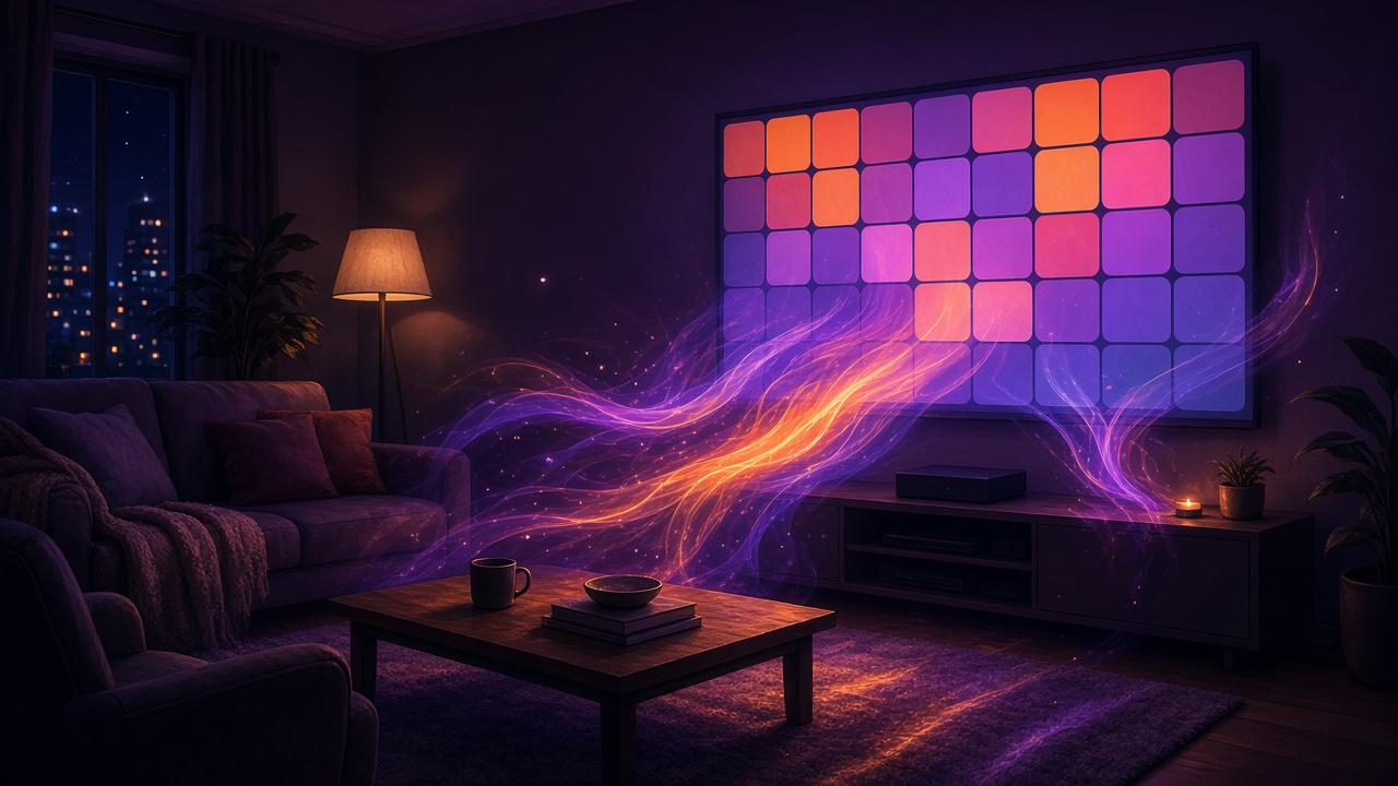 Coloured light streams from a television in a sitting room