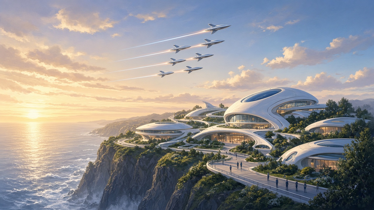 Conceptual futuristic academy on coastal cliffs with small craft overhead