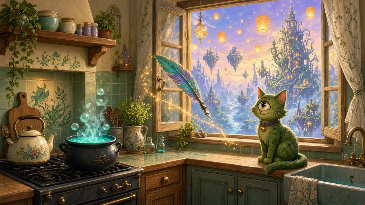 Conceptual magical kitchen with a green cat, floating quill and enchanted landscape outside