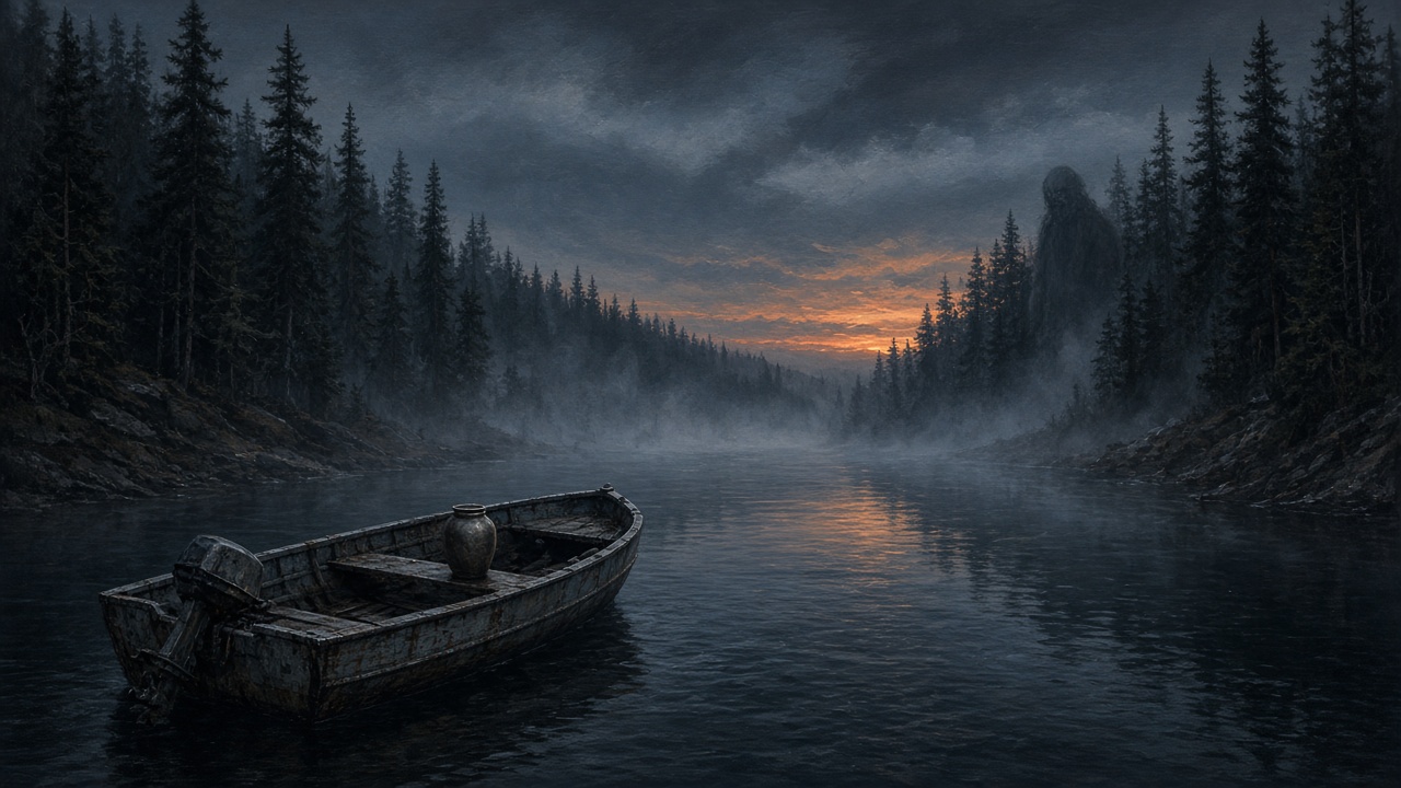 An empty wooden boat floats on a remote misty river surrounded by forest