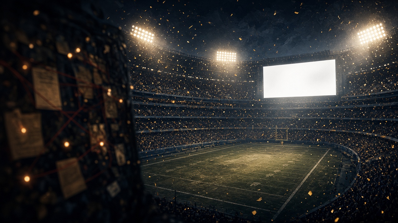 A floodlit football stadium with a blank screen and drifting confetti