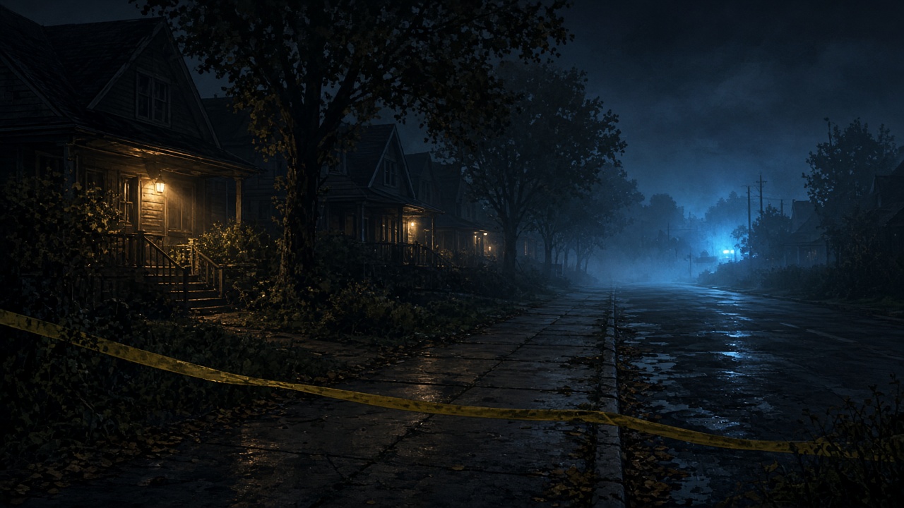 AI artwork of a foggy suburban street cordoned off with police tape