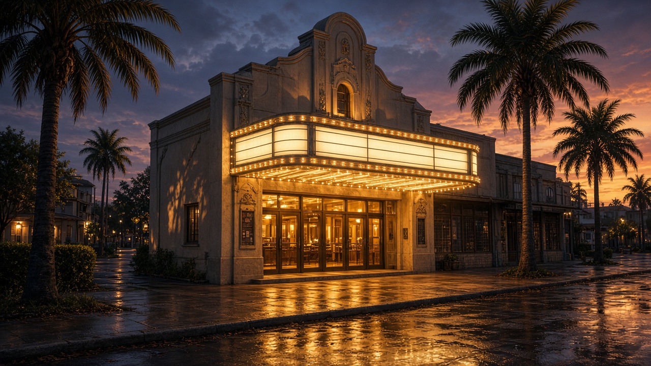 An illuminated cinema entrance framed by palm trees