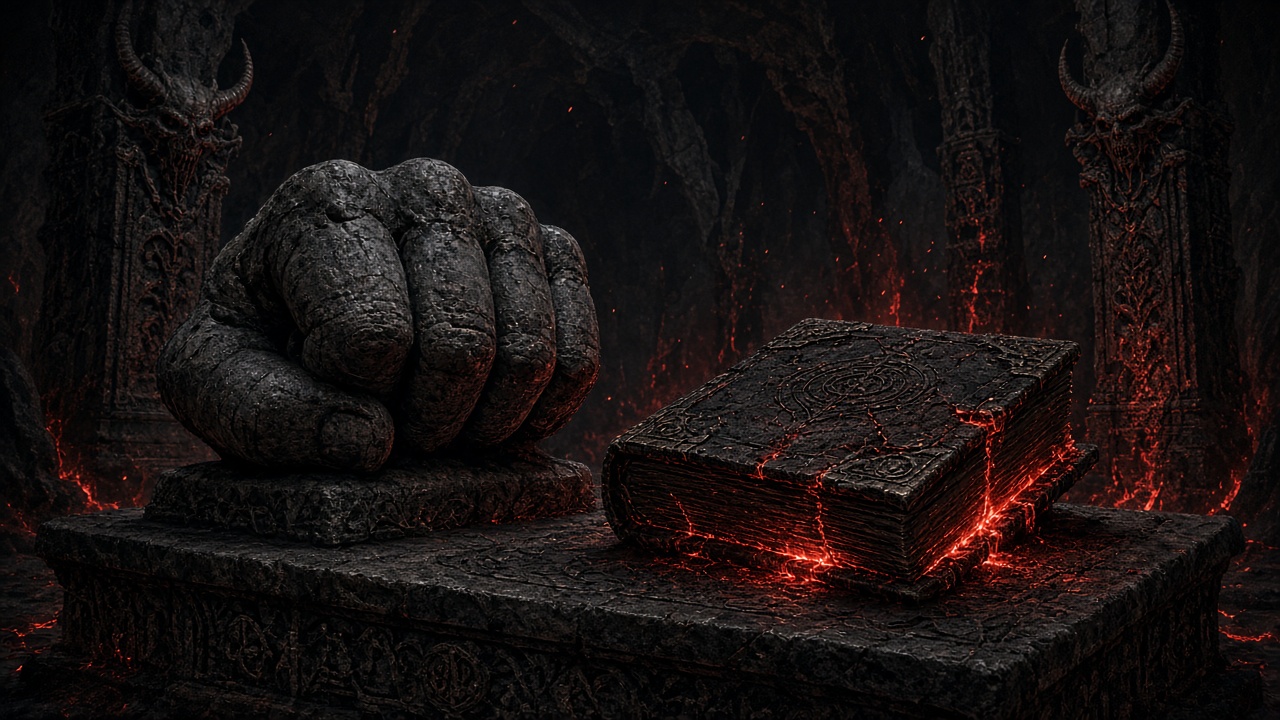 AI artwork of a stone fist and a glowing ancient book in a dark chamber