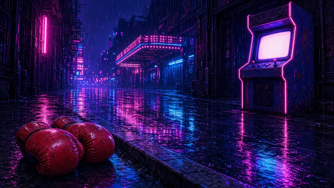 Boxing gloves on a rain-soaked neon arcade street