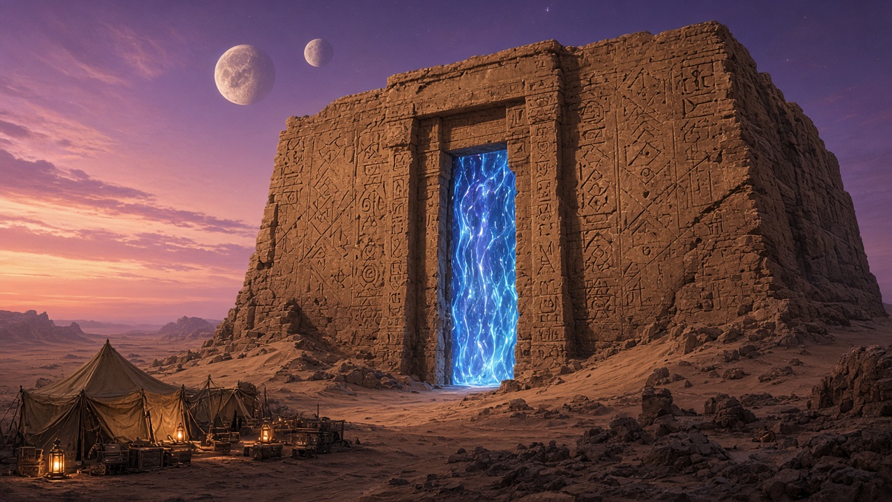 Conceptual ancient stone doorway filled with blue energy beneath an alien sky