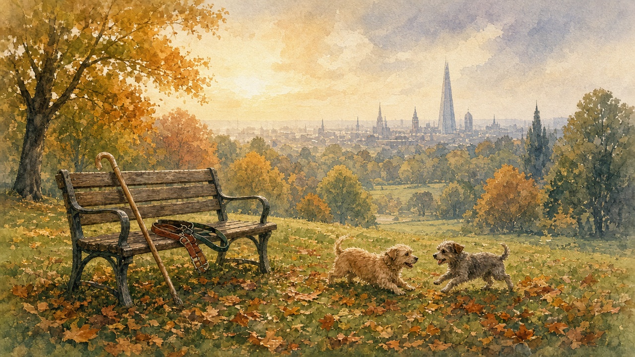 Conceptual autumn park bench with two dogs playing against the London skyline