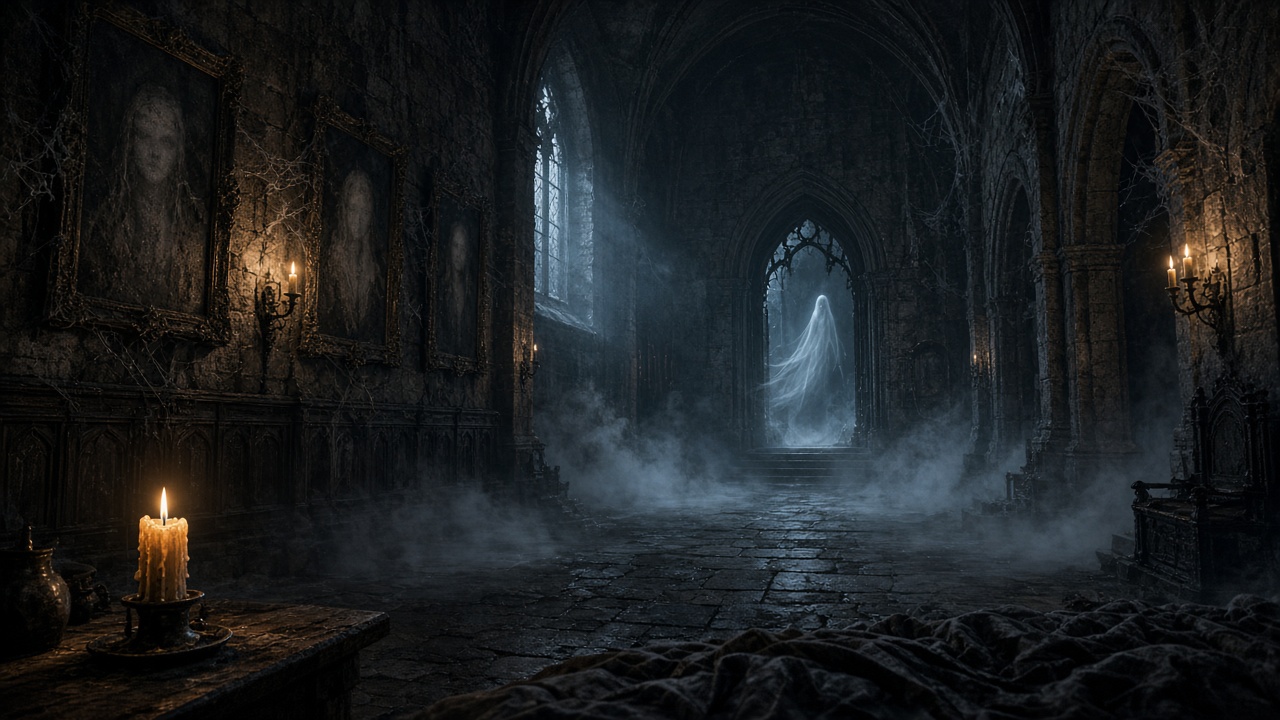 A pale spectral figure appears in a candlelit corridor of a decaying castle