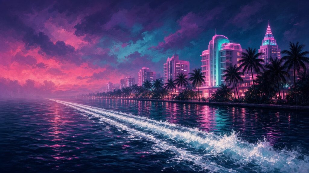 A neon pink and blue waterfront with palm trees and a speedboat wake