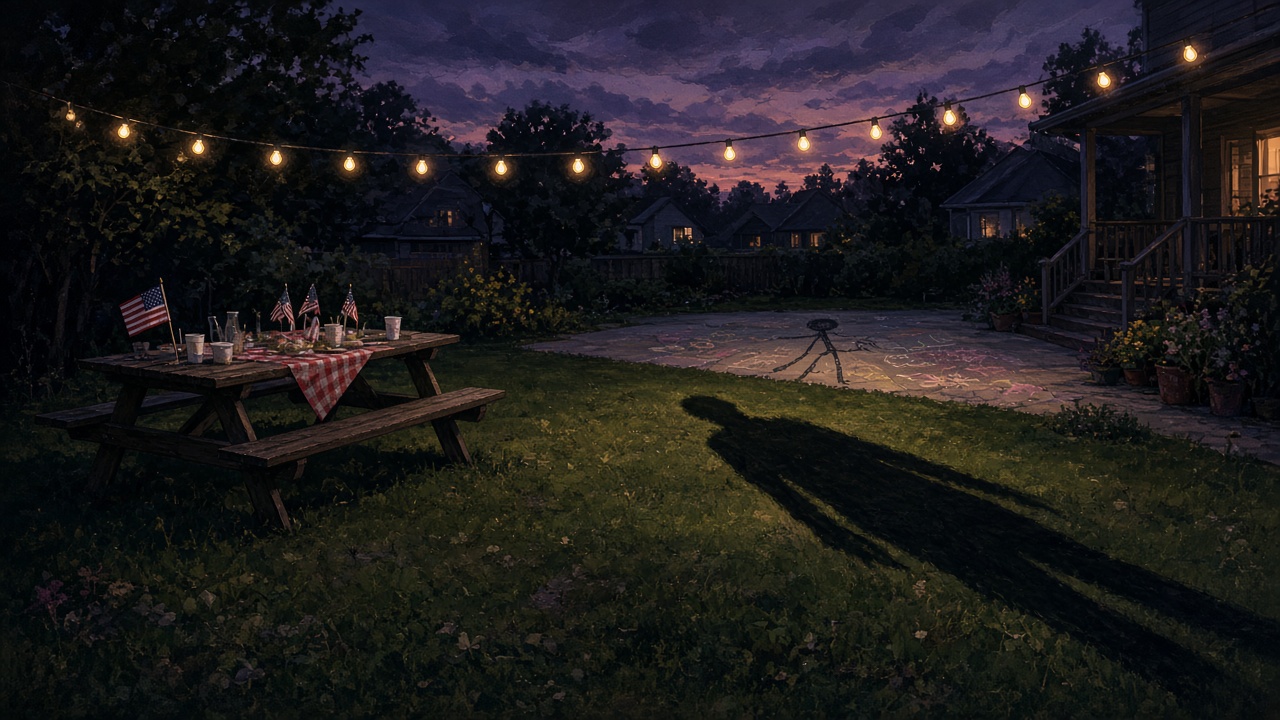 AI artwork of a deserted garden celebration with a picnic table and ominous shadows