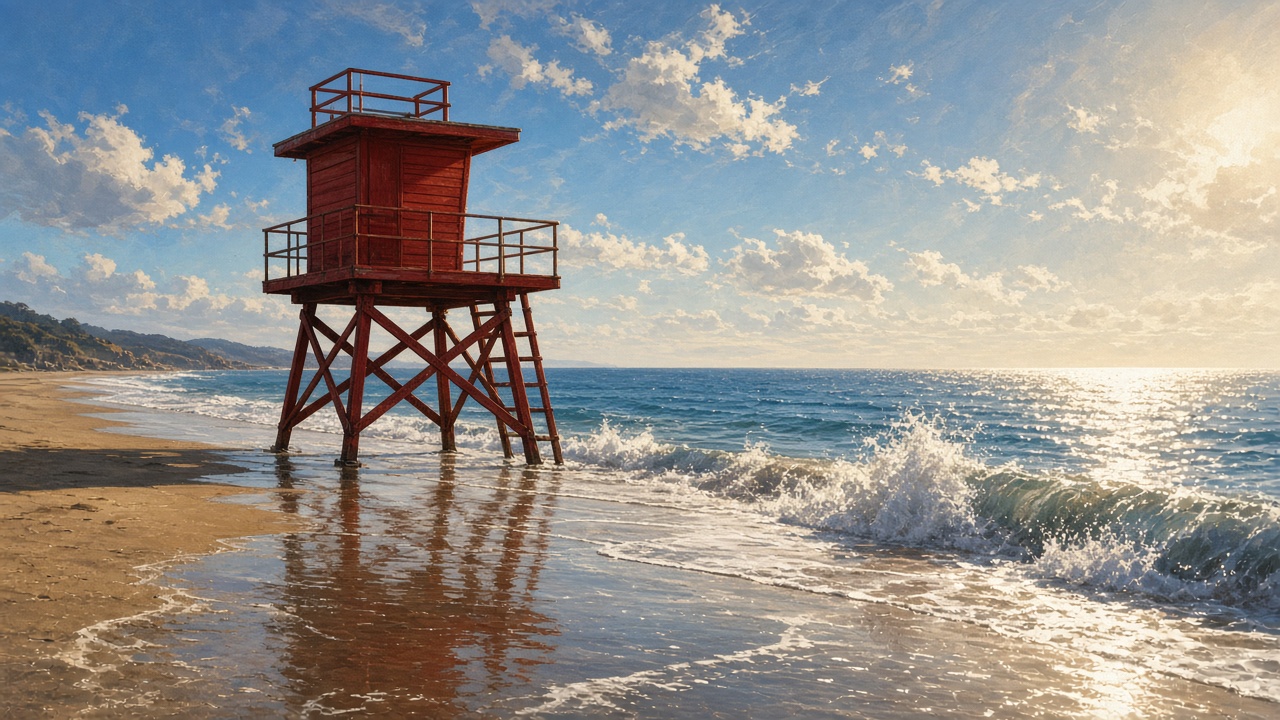 A red lifeguard tower standing in shallow surf