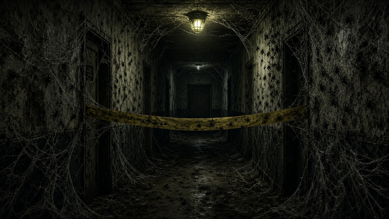 AI artwork of a dark apartment corridor covered in webs behind quarantine tape