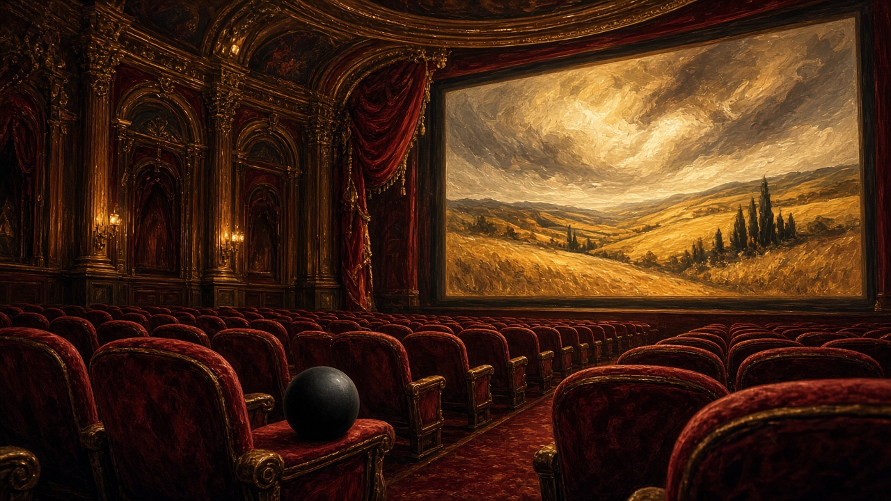An ornate cinema auditorium with a landscape on screen and a black ball on a seat
