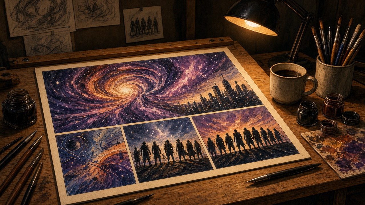 Conceptual comic artwork showing a cosmic vortex and groups of silhouetted heroes