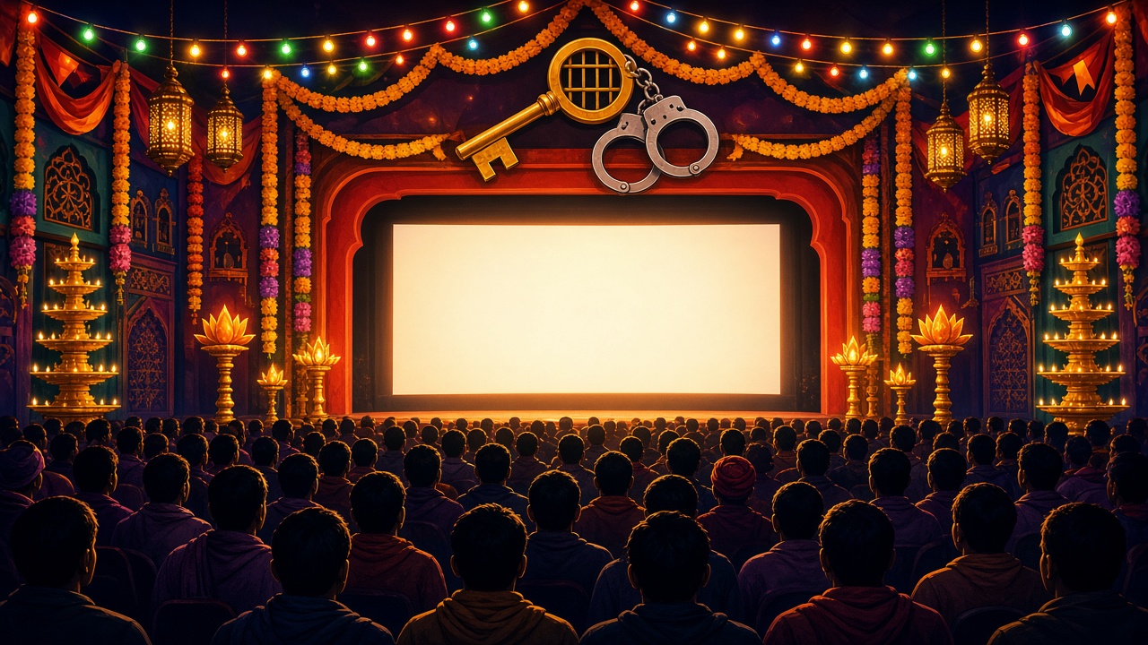 Conceptual decorated Indian cinema with a key and handcuffs above the screen