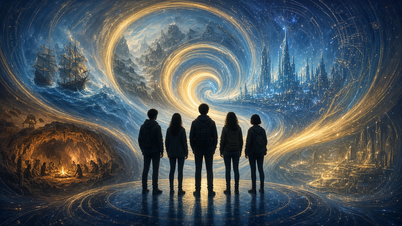 Five young silhouettes face a swirling passage through different eras of Earth