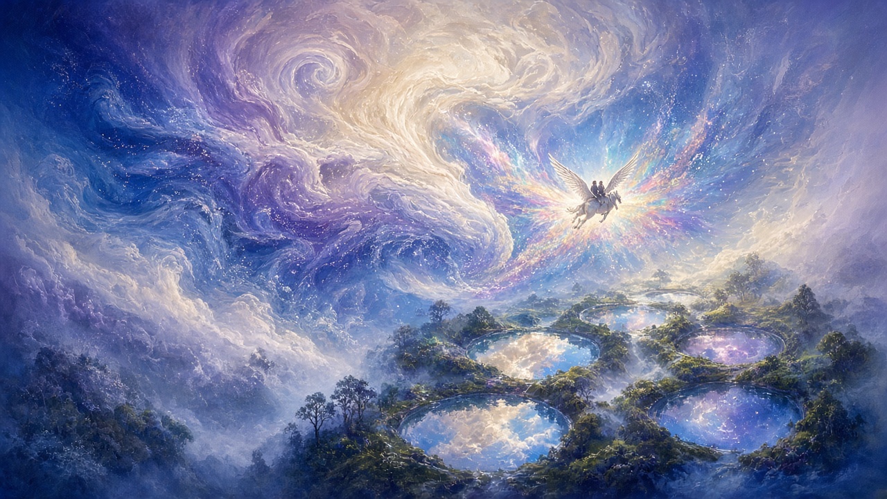 A winged horse flying through luminous clouds above a dreamlike island