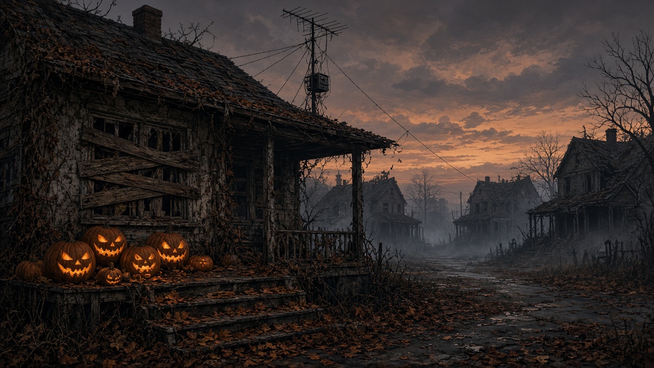 AI artwork of an abandoned village street lit by jack-o’-lanterns