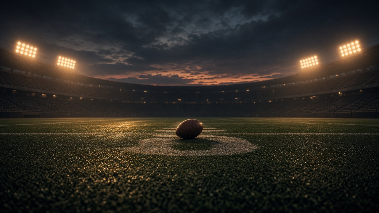 A football on the turf of an empty floodlit stadium