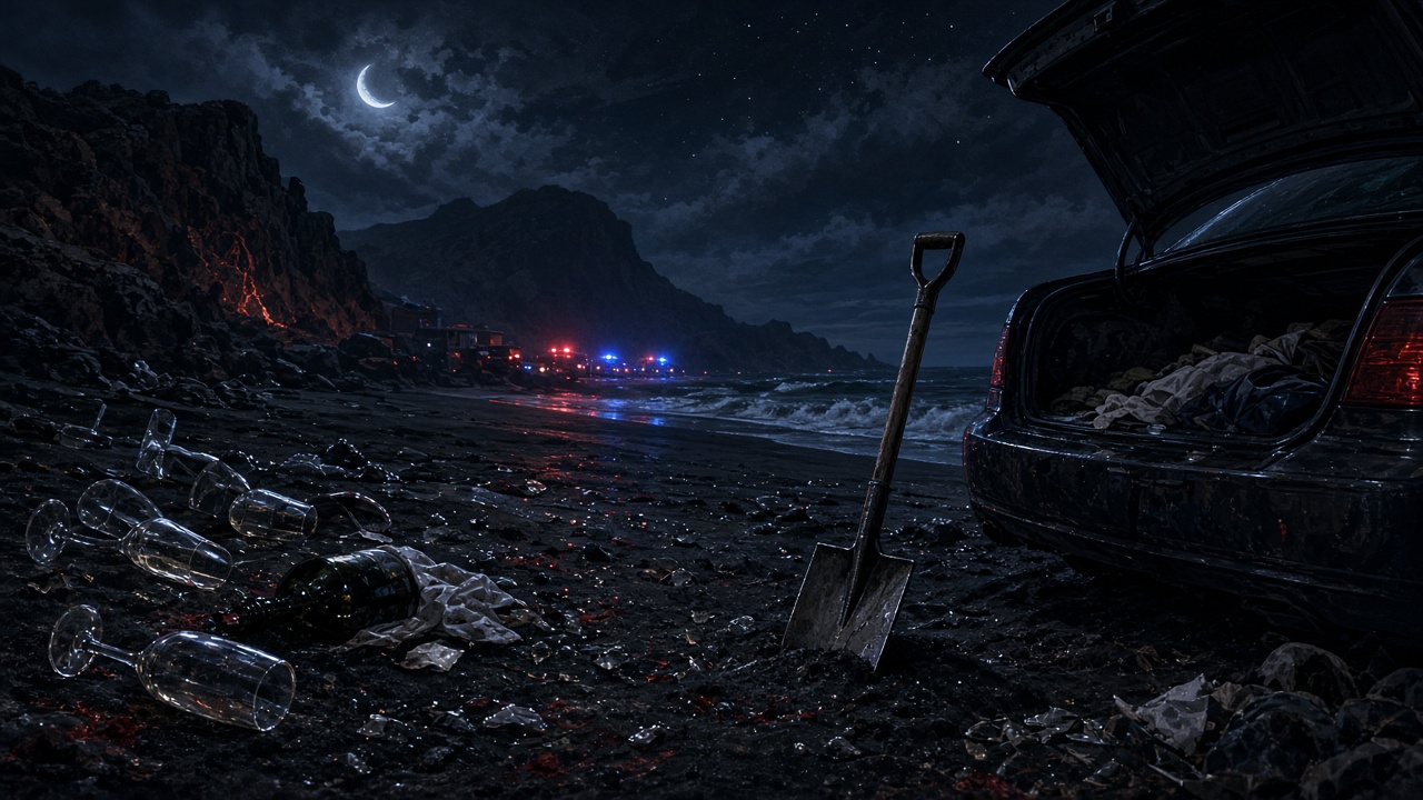 AI artwork of an open car boot and shovel on a moonlit volcanic shore with distant police lights