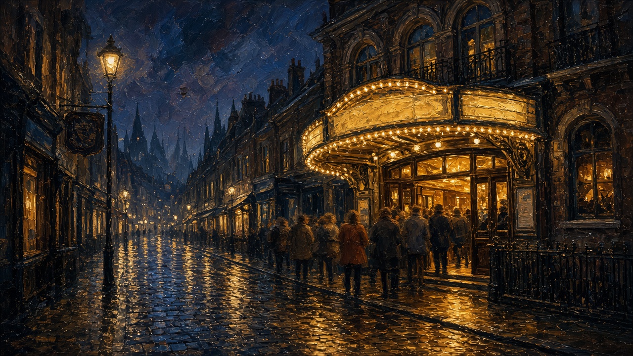 An imagined cinema entrance glowing on a rainy London street