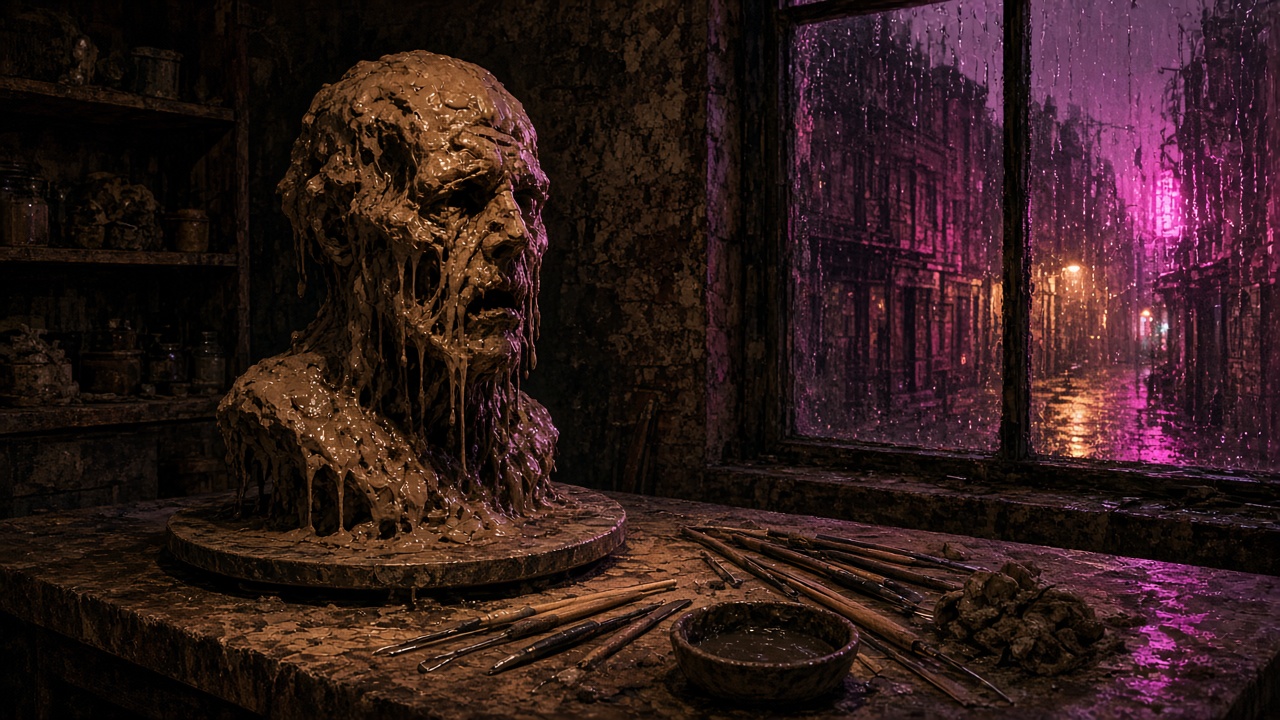 Conceptual melting clay bust in a sculptor’s studio beside a rain-streaked window