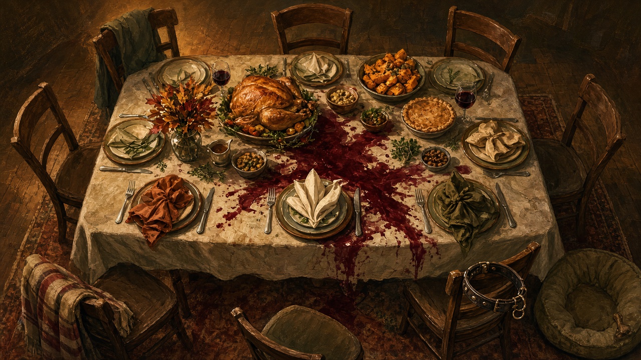 A lavish family dinner table with scattered plates and a spilled glass of red wine