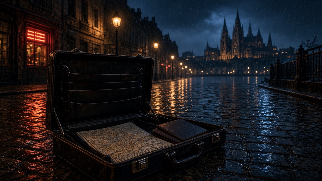 An open briefcase on a wet city street at night