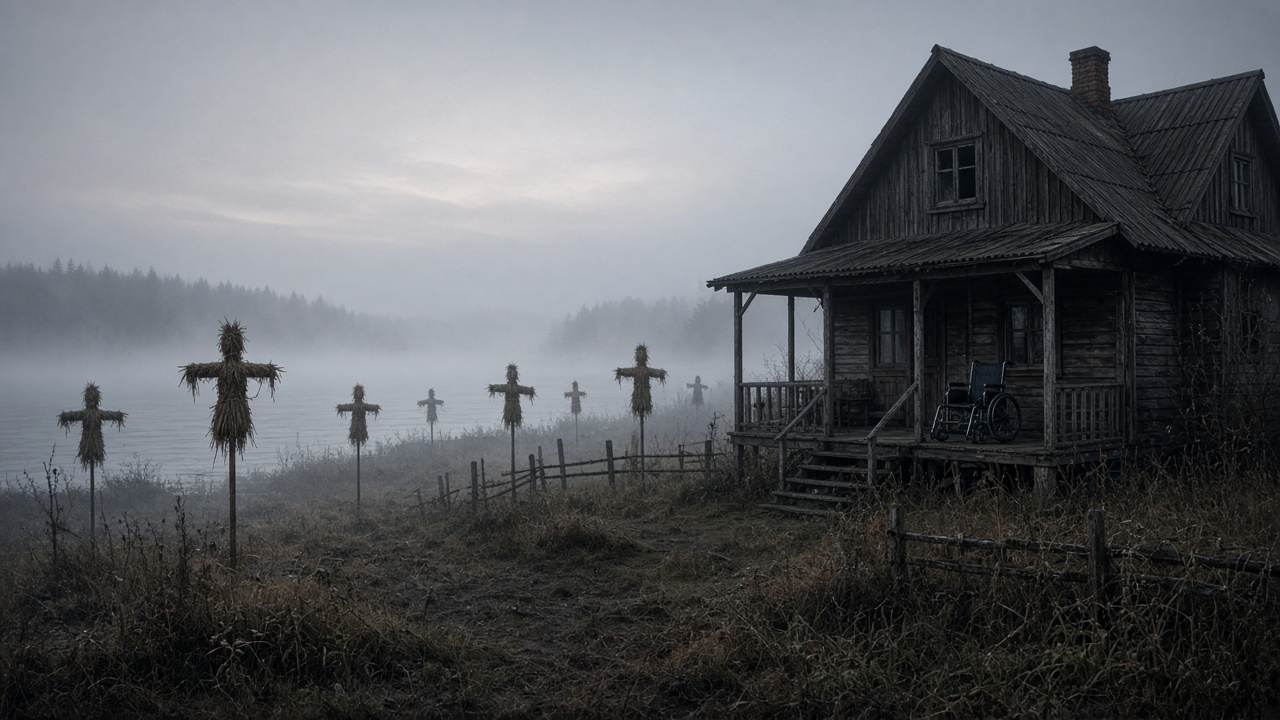 AI artwork of a weathered rural house and wooden figures beside a misty field
