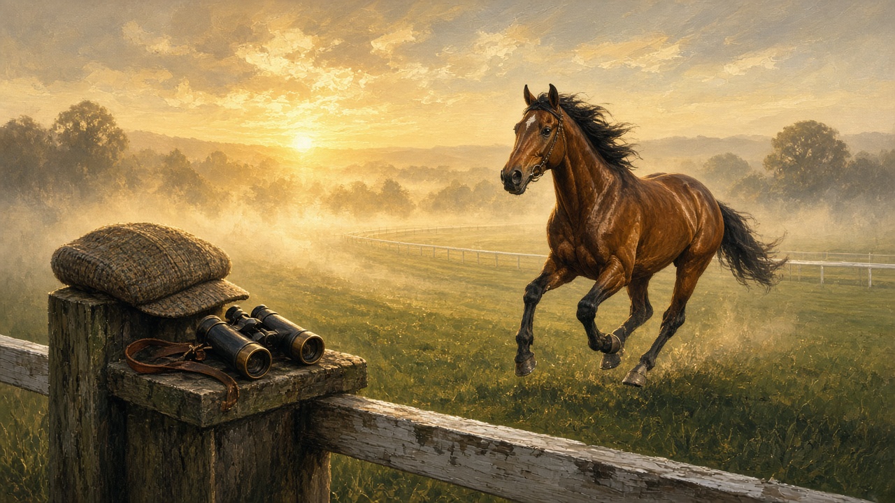 A horse in a misty field with a flat cap and binoculars resting on a fence