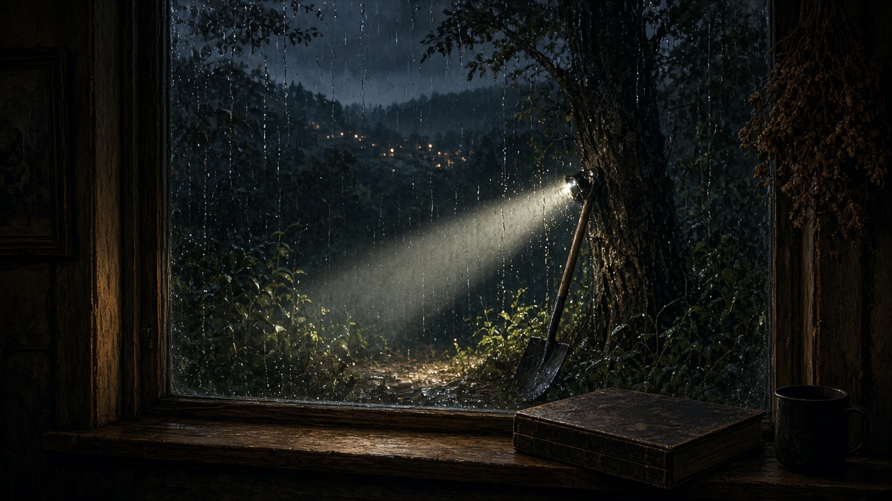 Conceptual rain-streaked window looking onto a torch, shovel and dark garden