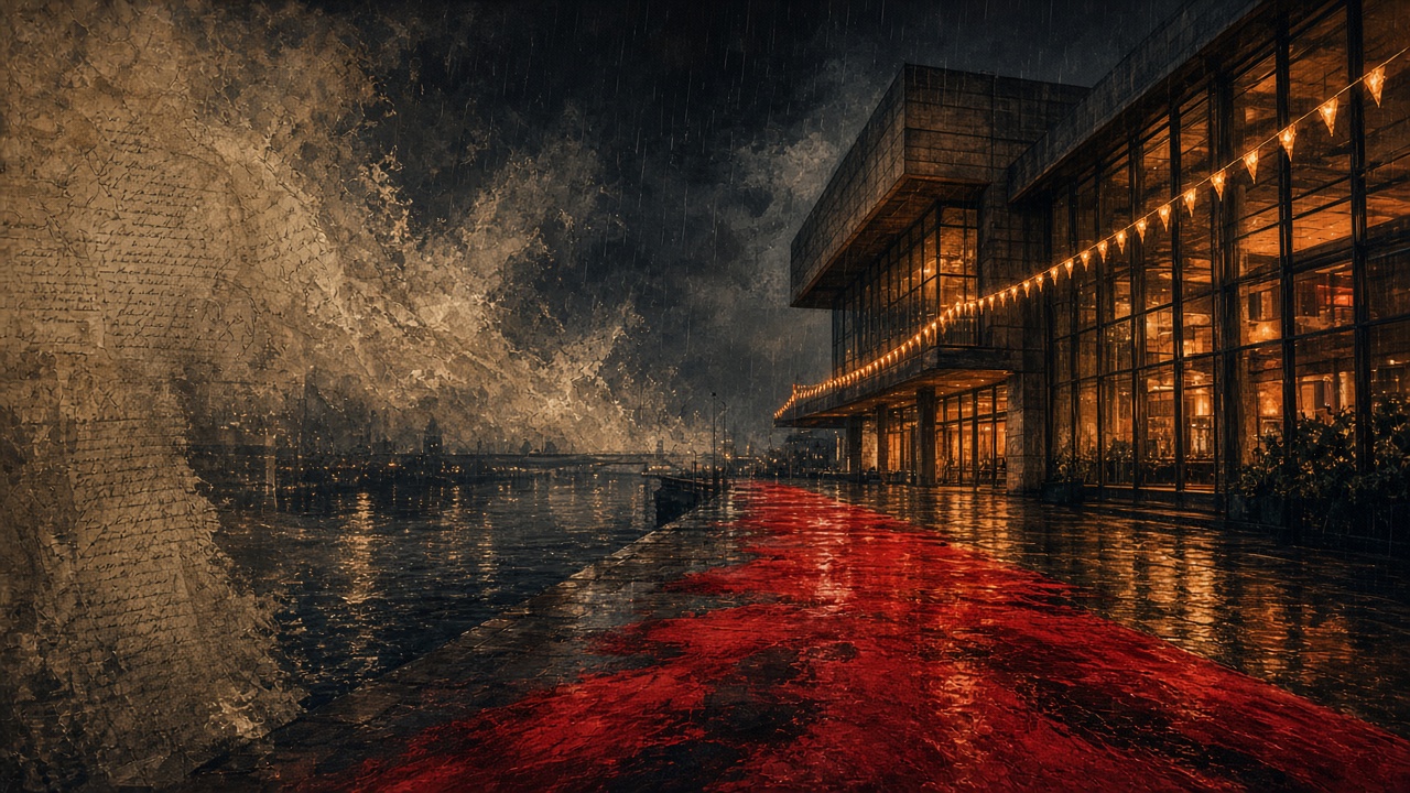 A red carpet outside an illuminated modern building beside a stormy waterfront