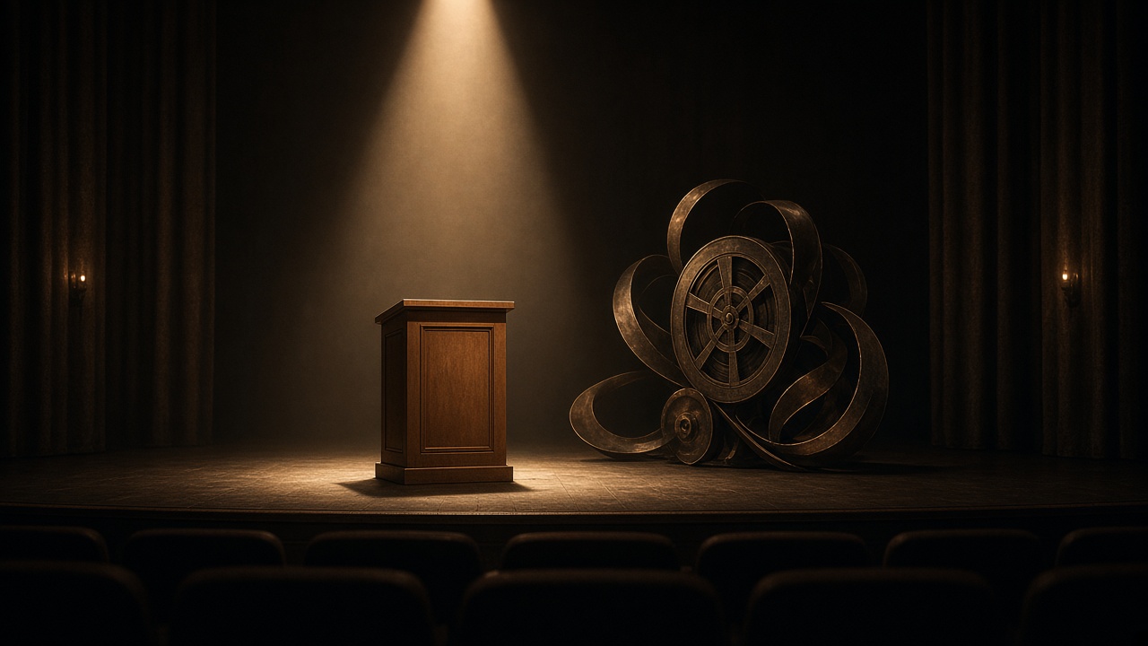 A podium and sculpture of film reels on a spotlighted stage