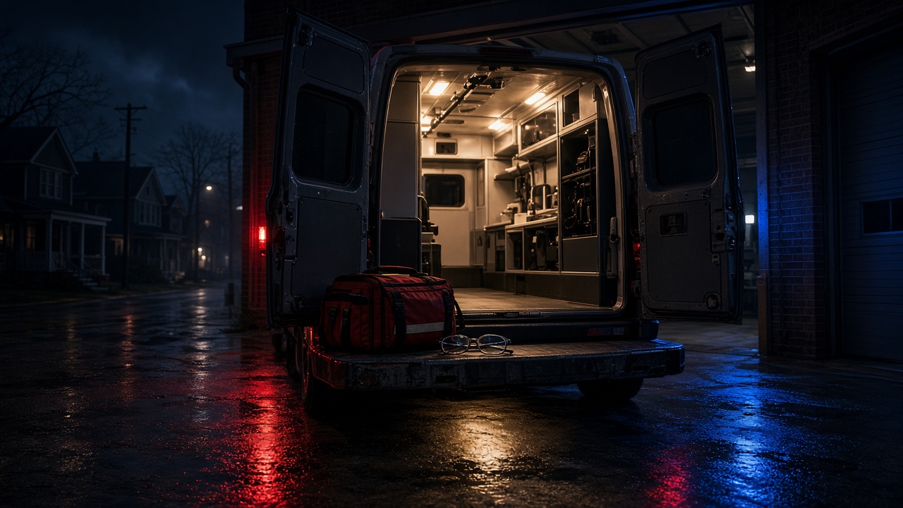 An open ambulance illuminated at night
